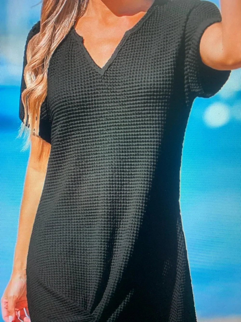 Black Waffle Knit Short Sleeve Tie-Hem Dress - Picture 3 of 6